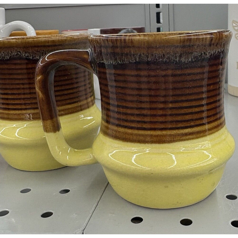 Brown & Yellow Ceramic Pottery Mug with Handle, Glossy Drip Glaze, 2-Piece